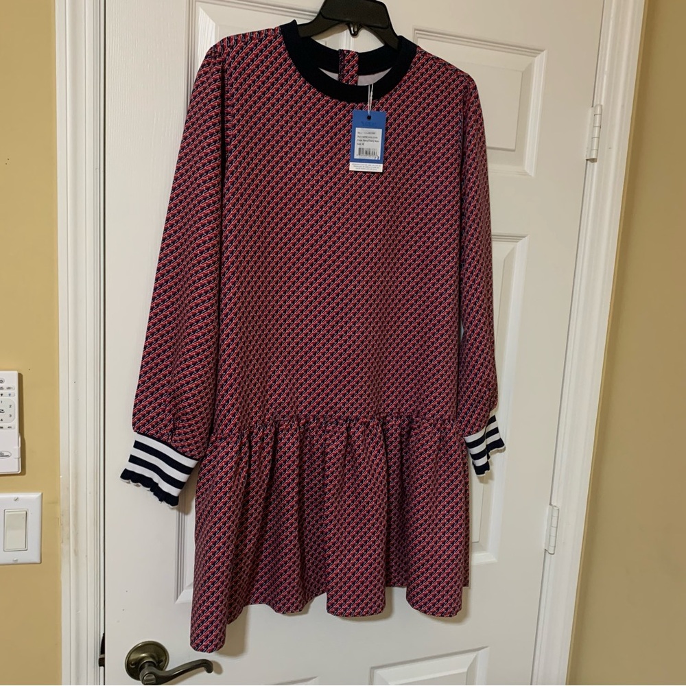 Addison Bay Long Sleeve Ruffle Hem Red White & Blue Patterned Mini Dress - Picture 7 of 11